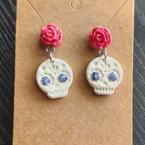 Skull Flower Clay Post Dangle Earrings